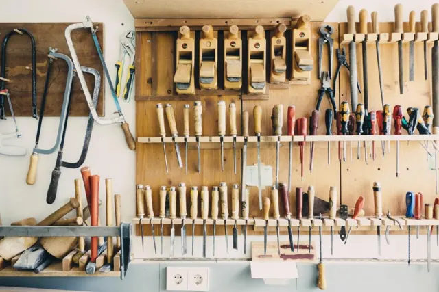 Organized wall of carpentry hand tools